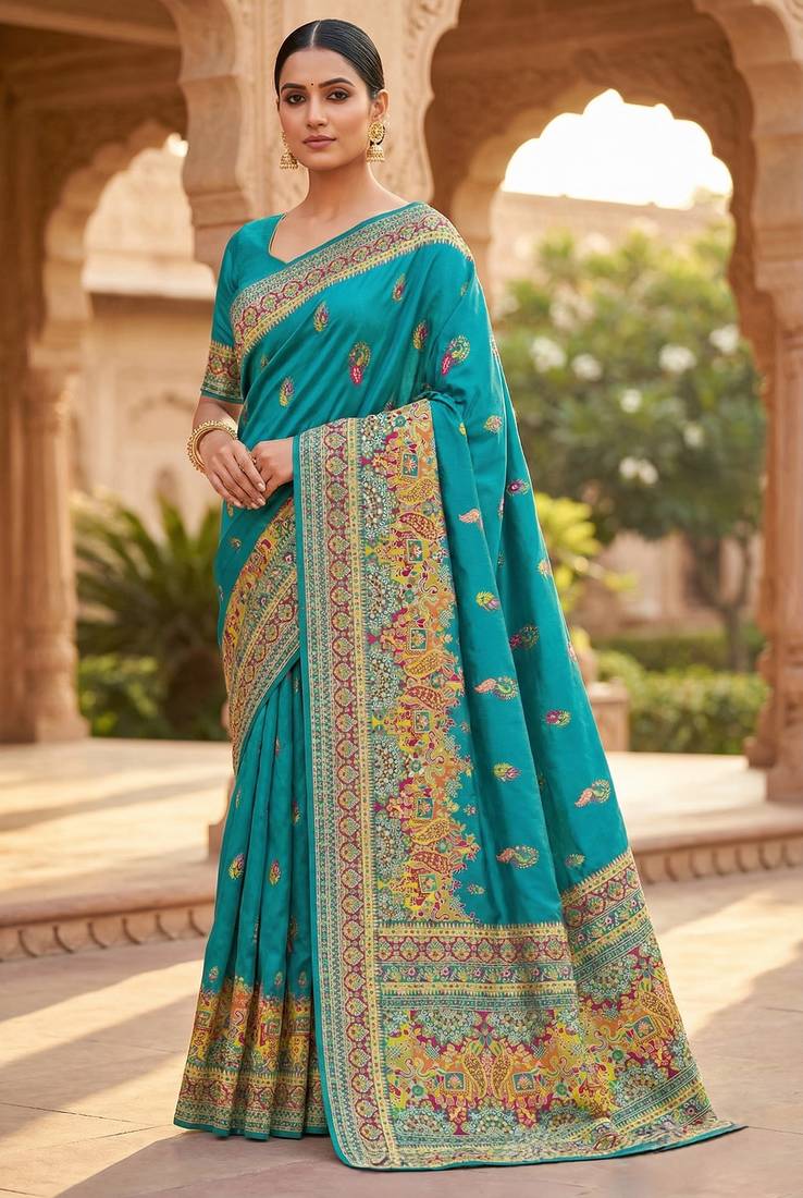 Sky blue pashmina paithani silk saree with beautifully multicolor border and pallu