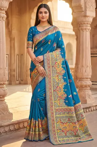 Teal pashmina paithani silk saree with beautifully multicolor border and pallu
