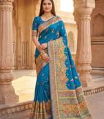 Teal pashmina paithani silk saree with beautifully multicolor border and pallu