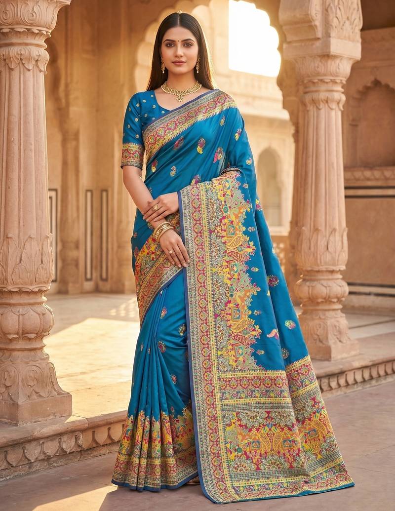Teal pashmina paithani silk saree with beautifully multicolor border and pallu