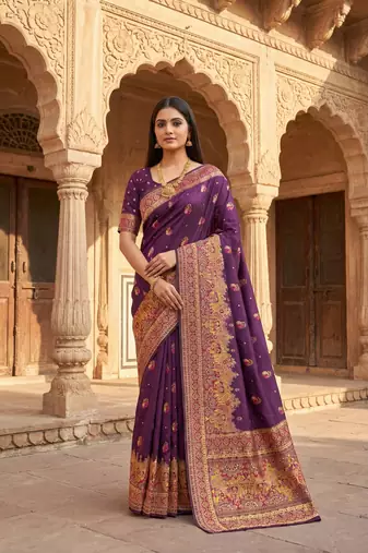 Wine pashmina paithani silk saree with beautifully multicolor border and pallu