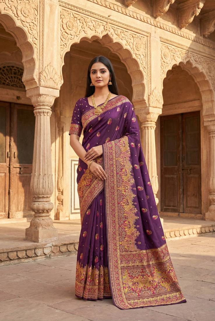 Wine pashmina paithani silk saree with beautifully multicolor border and pallu