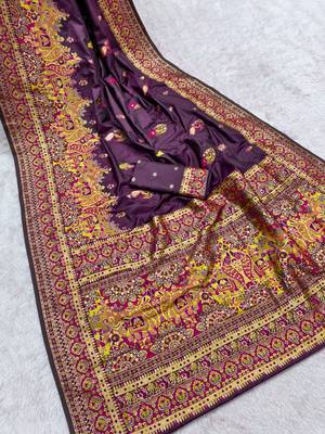 Wine pashmina paithani silk saree with beautifully multicolor border and pallu 2