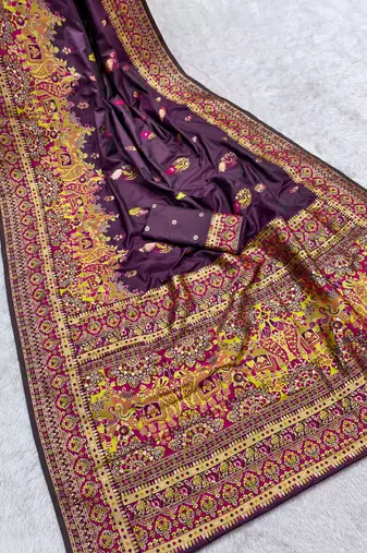 Wine pashmina paithani silk saree with beautifully multicolor border and pallu