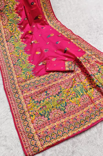 Pink pashmina paithani silk saree with beautifully multicolor border and pallu