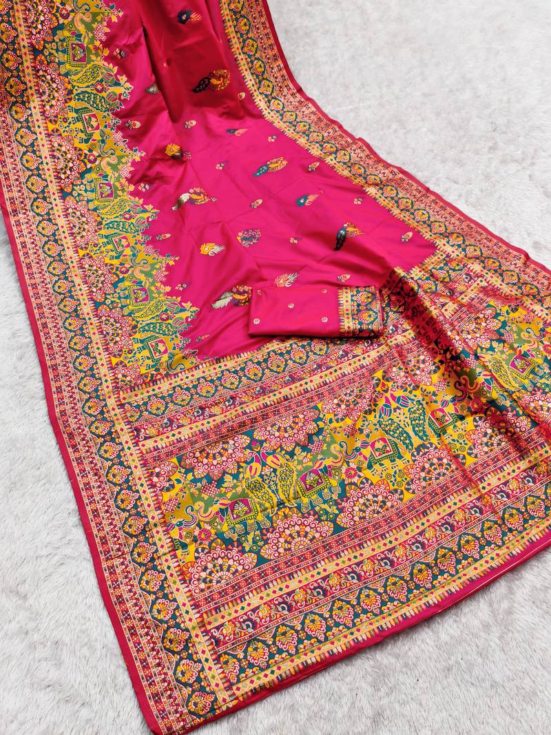 Pink pashmina paithani silk saree with beautifully multicolor border and pallu