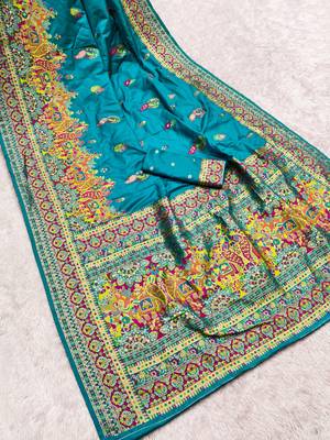 Sky blue pashmina paithani silk saree with beautifully multicolor border and pallu 2