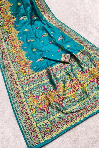 Sky blue pashmina paithani silk saree with beautifully multicolor border and pallu