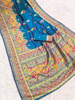 Teal pashmina paithani silk saree with beautifully multicolor border and pallu 2