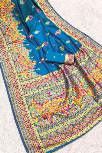 Teal pashmina paithani silk saree with beautifully multicolor border and pallu