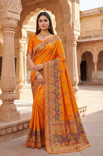orange pashmina silk blend saree with beautifully multicolor border and pallu