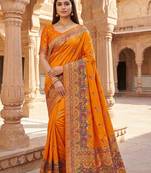 Orange pashmina paithani silk saree with beautifully multicolor border and pallu