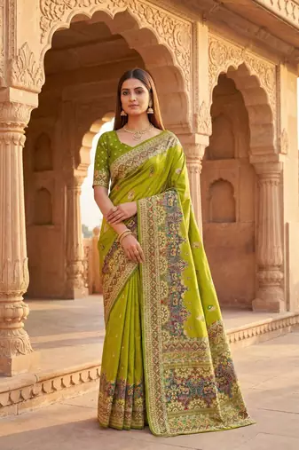 Parrot green pashmina paithani silk saree with beautifully multicolor border and pallu