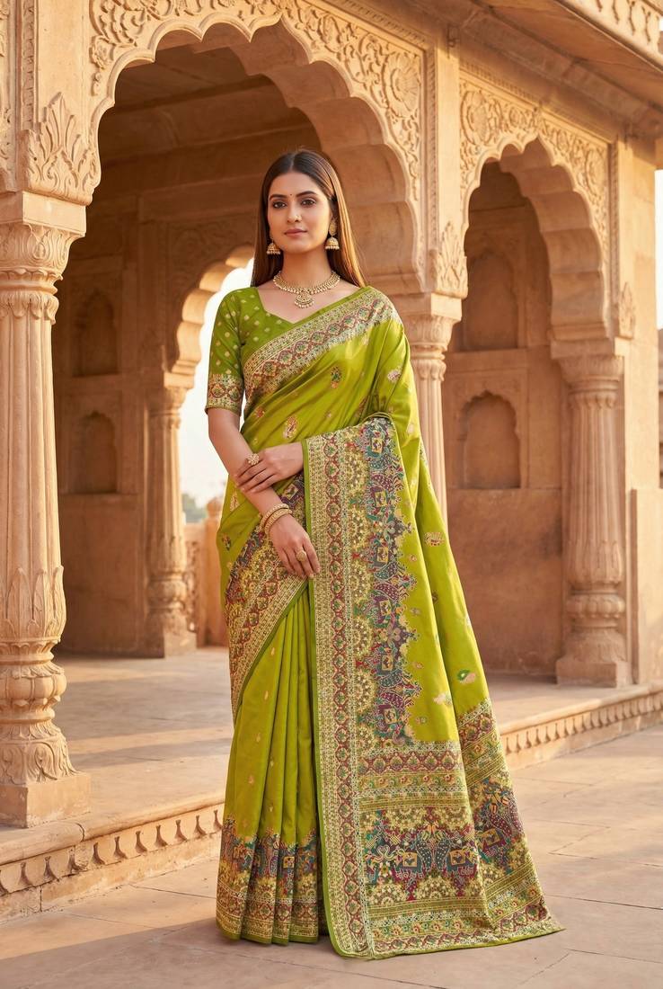Parrot green pashmina paithani silk saree with beautifully multicolor border and pallu