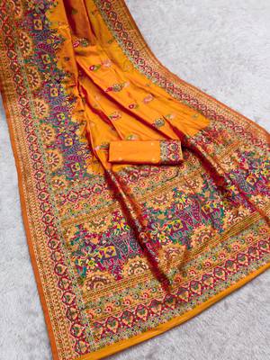Orange pashmina paithani silk saree with beautifully multicolor border and pallu 2