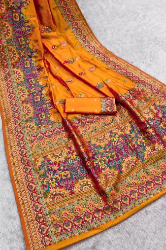 orange pashmina silk blend saree with beautifully multicolor border and pallu