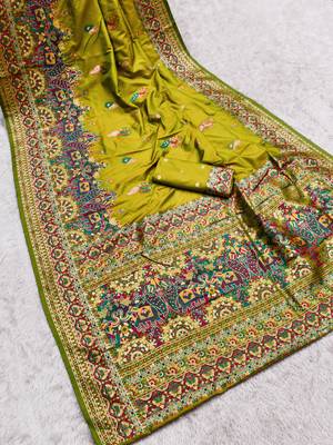 Parrot green pashmina paithani silk saree with beautifully multicolor border and pallu 2