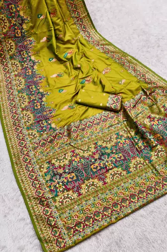 Parrot green pashmina paithani silk saree with beautifully multicolor border and pallu