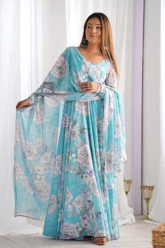 Women's Printed Georgette Fabric Flared Anarkali and Dupatta Set