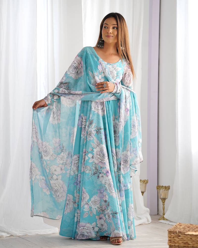 Women's Printed Georgette Fabric Flared Anarkali and Dupatta Set