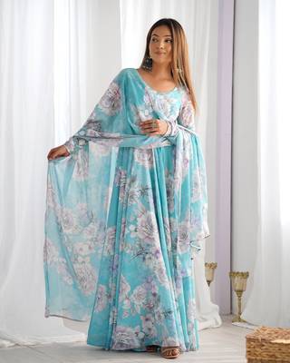 Women's Printed Georgette Fabric Flared Anarkali and Dupatta Set 1