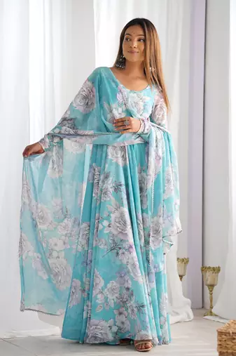 Women's Printed Georgette Fabric Flared Anarkali and Dupatta Set
