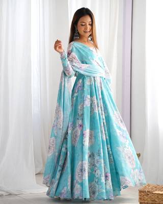 Women's Printed Georgette Fabric Flared Anarkali and Dupatta Set 2