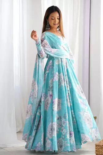 Women's Printed Georgette Fabric Flared Anarkali and Dupatta Set
