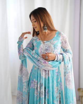 Women's Printed Georgette Fabric Flared Anarkali and Dupatta Set 4