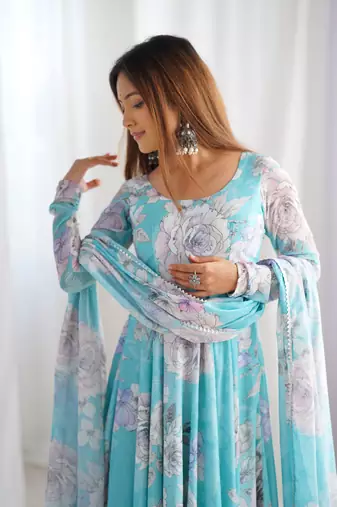 Women's Printed Georgette Fabric Flared Anarkali and Dupatta Set