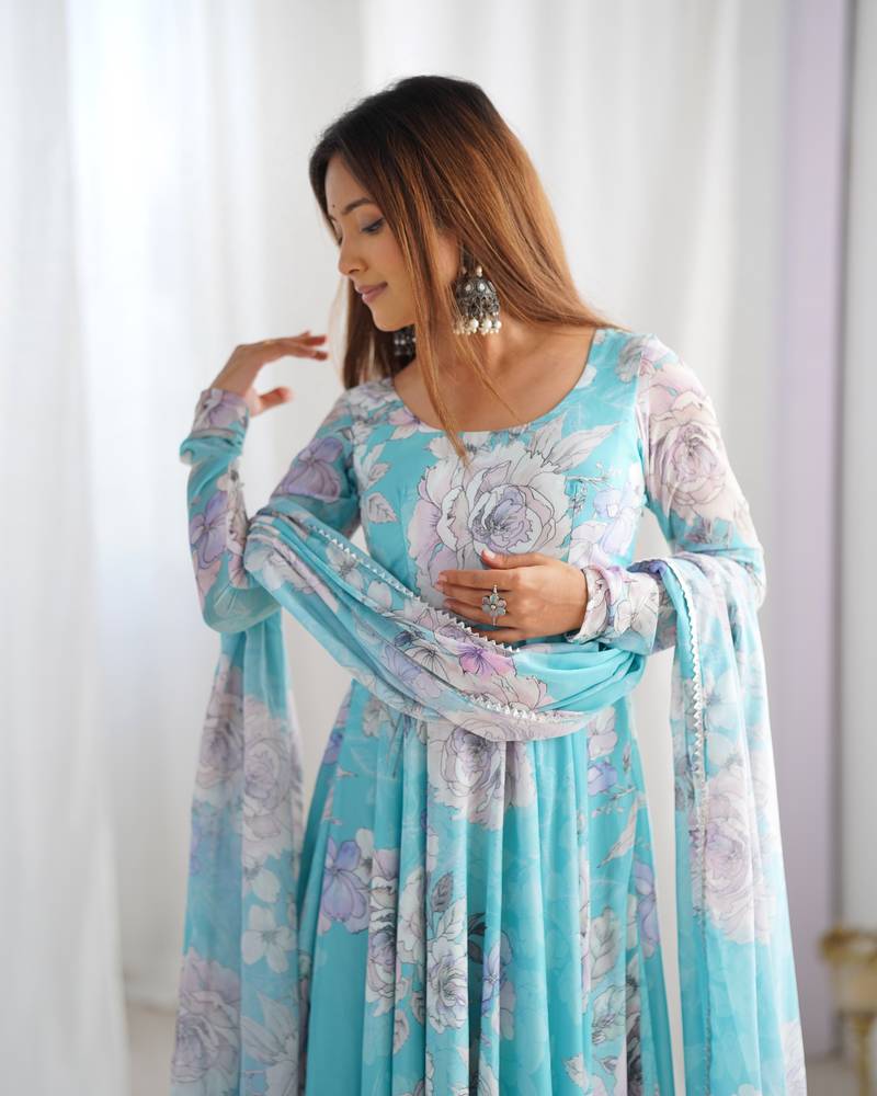 Women's Printed Georgette Fabric Flared Anarkali and Dupatta Set