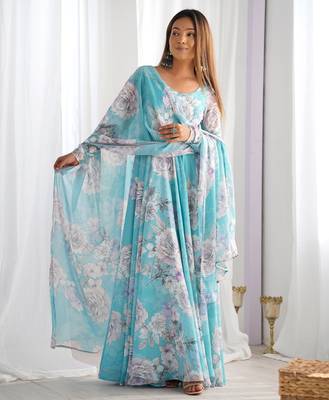 Women's Printed Georgette Fabric Flared Anarkali and Dupatta Set 5