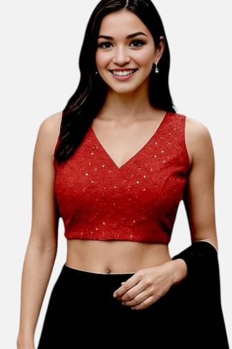Maroon sleeveless v-neck art silk readymade saree blouse