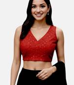 Maroon sleeveless v-neck art silk readymade saree blouse