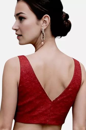Maroon sleeveless v-neck art silk readymade saree blouse