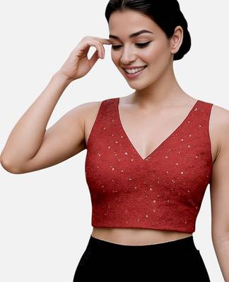 Maroon sleeveless v-neck art silk readymade saree blouse 3