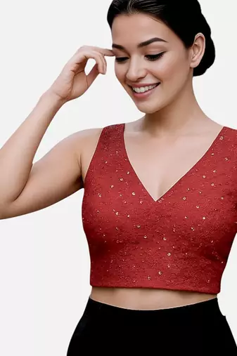 Maroon sleeveless v-neck art silk readymade saree blouse