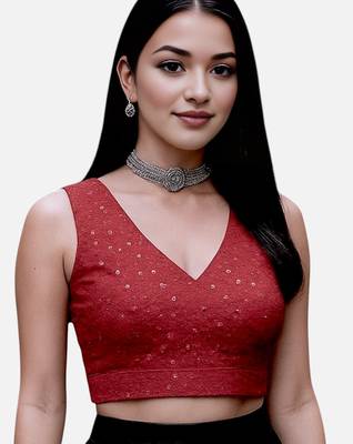 Maroon sleeveless v-neck art silk readymade saree blouse 4