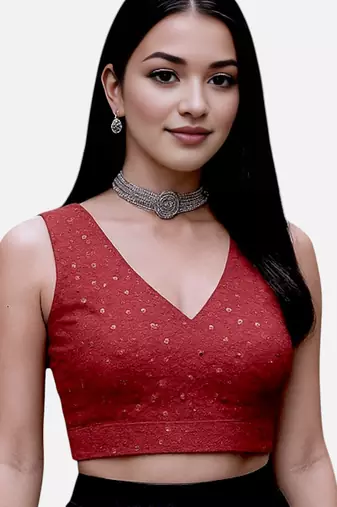 Maroon sleeveless v-neck art silk readymade saree blouse
