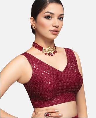 Maroon sleeveless v-neck sequin embellished art silk readymade saree blouse 1