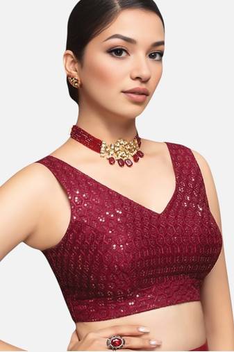 Maroon sleeveless v-neck sequin embellished art silk readymade saree blouse