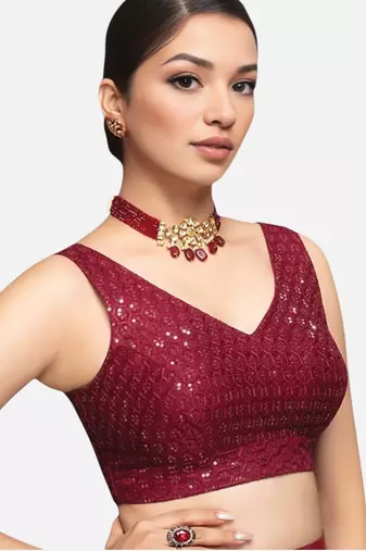 Maroon sleeveless v-neck sequin embellished art silk readymade saree blouse
