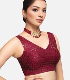 Maroon sleeveless v-neck sequin embellished art silk readymade saree blouse