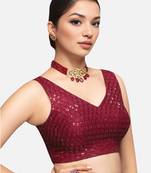 Maroon sleeveless v-neck sequin embellished art silk readymade saree blouse