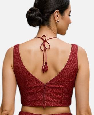 Maroon sleeveless v-neck sequin embellished art silk readymade saree blouse 2