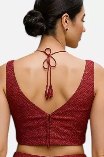Maroon sleeveless v-neck sequin embellished art silk readymade saree blouse