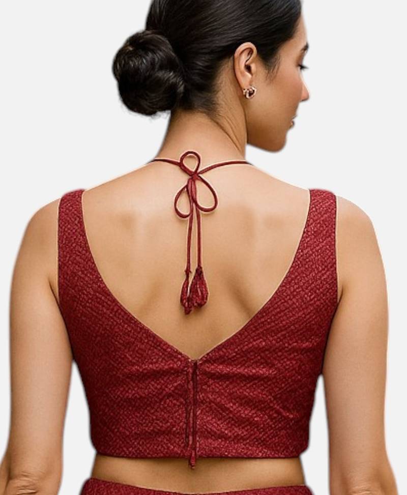 Maroon sleeveless v-neck sequin embellished art silk readymade saree blouse