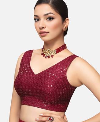 Maroon sleeveless v-neck sequin embellished art silk readymade saree blouse 3