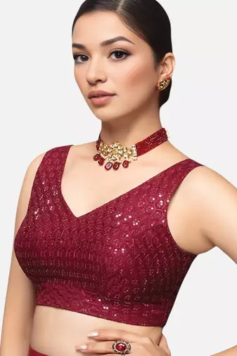 Maroon sleeveless v-neck sequin embellished art silk readymade saree blouse