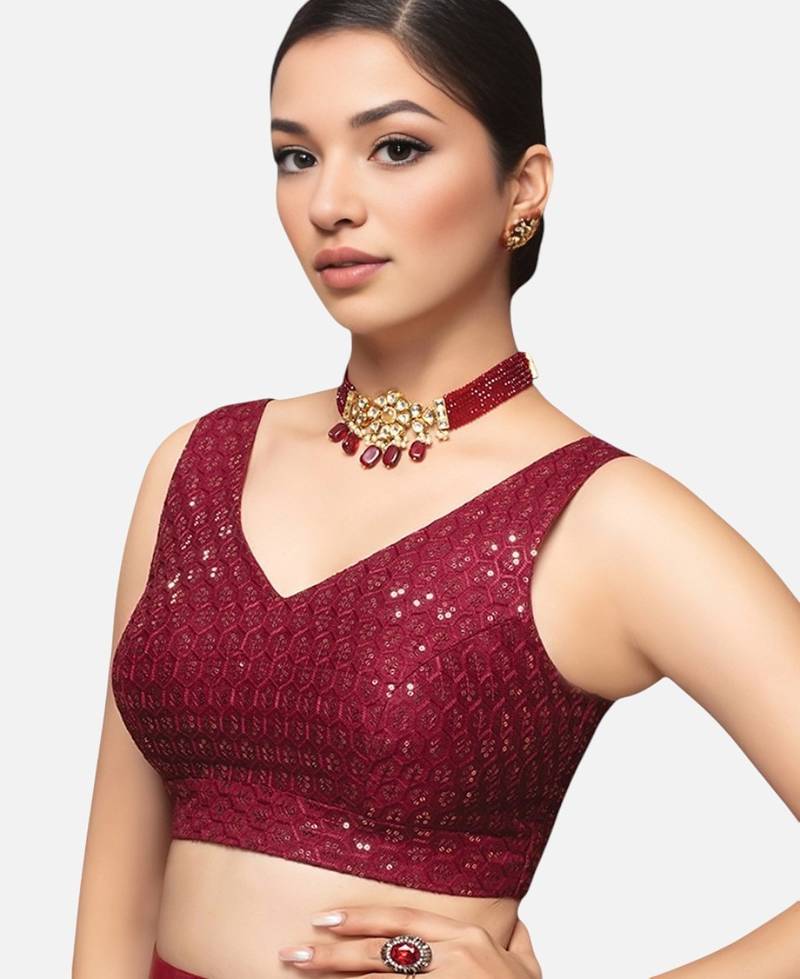 Maroon sleeveless v-neck sequin embellished art silk readymade saree blouse
